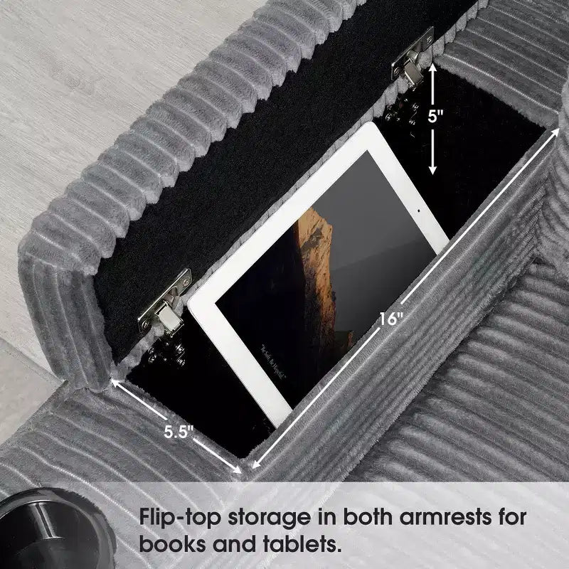 Divano sezionale a L convertibile Whisen Oversized, divano angolare in velluto a coste con bracciolo contenitore, portabicchieri, caricatore USB