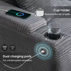 Divano sezionale a L convertibile Whisen Oversized, divano angolare in velluto a coste con bracciolo contenitore, portabicchieri, caricatore USB