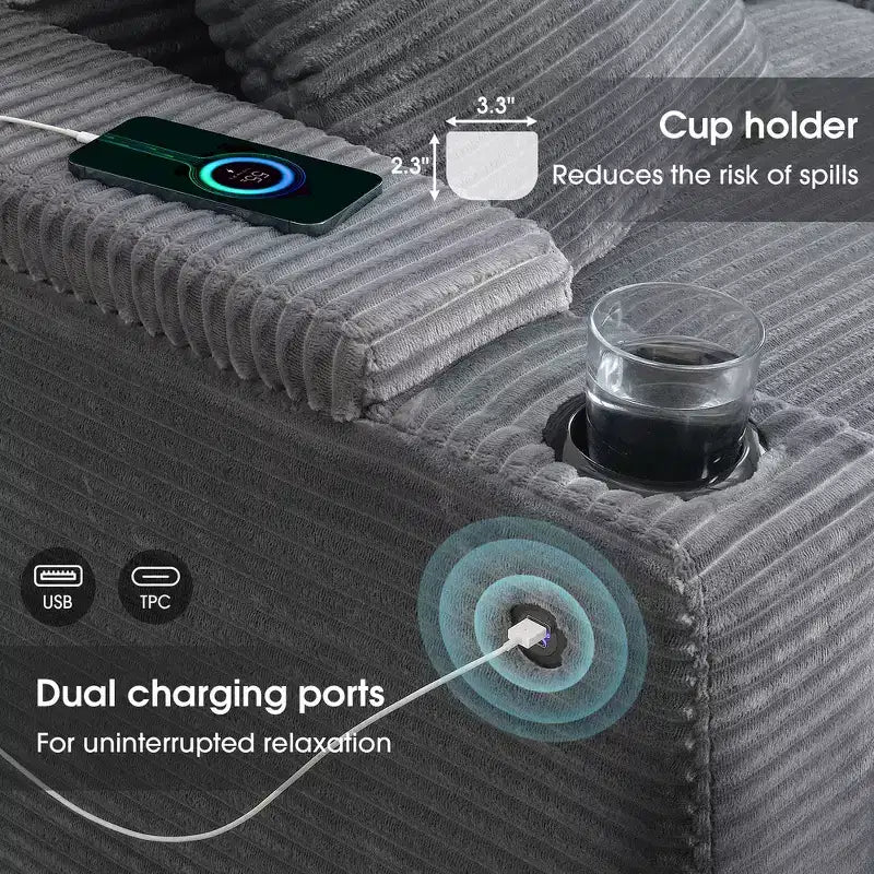 Divano sezionale a L convertibile Whisen Oversized, divano angolare in velluto a coste con bracciolo contenitore, portabicchieri, caricatore USB