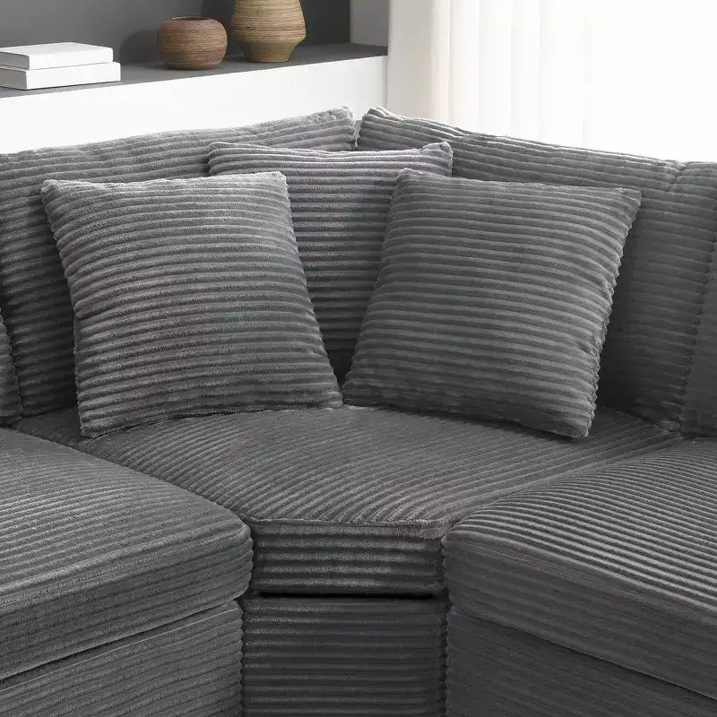 Divano sezionale a L convertibile Whisen Oversized, divano angolare in velluto a coste con bracciolo contenitore, portabicchieri, caricatore USB