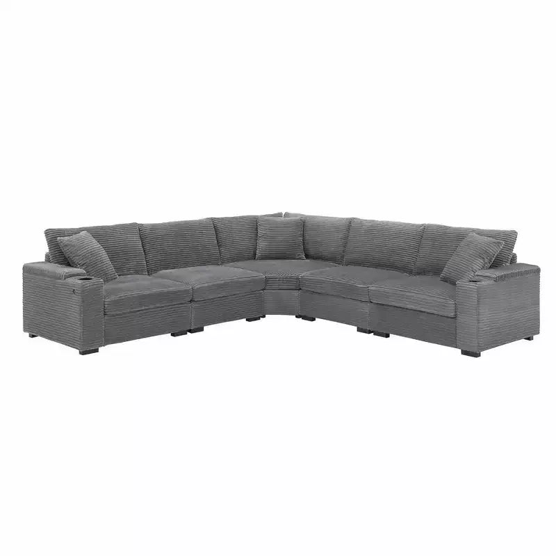 Divano sezionale a L convertibile Whisen Oversized, divano angolare in velluto a coste con bracciolo contenitore, portabicchieri, caricatore USB