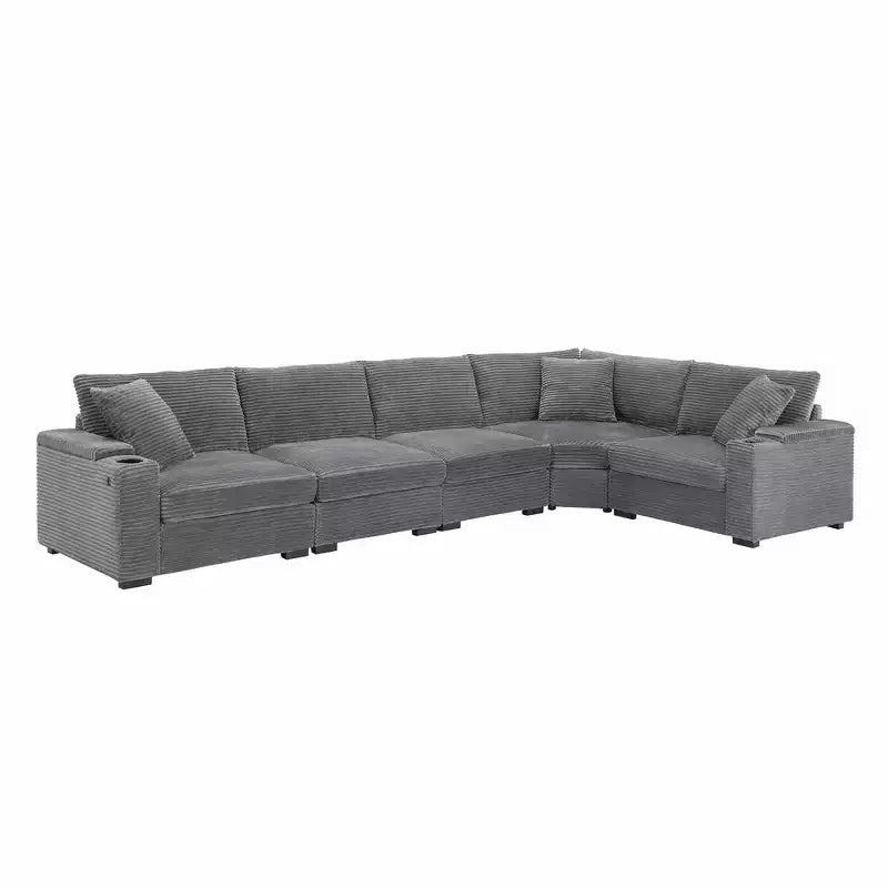 Divano sezionale a L convertibile Whisen Oversized, divano angolare in velluto a coste con bracciolo contenitore, portabicchieri, caricatore USB