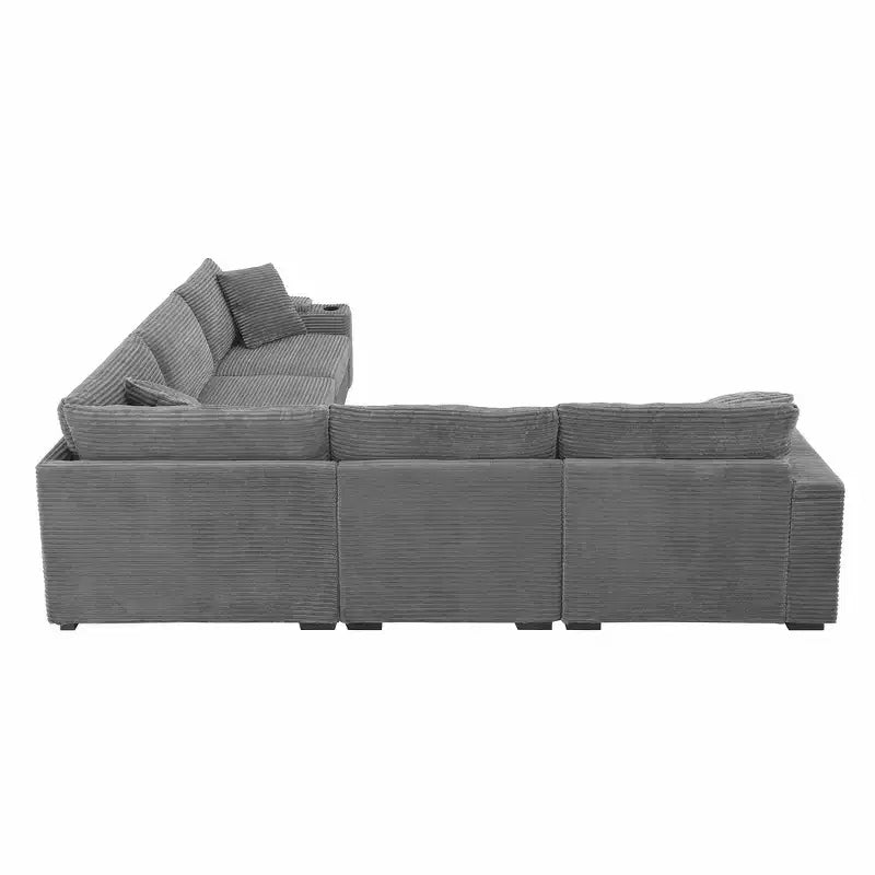 Divano sezionale a L convertibile Whisen Oversized, divano angolare in velluto a coste con bracciolo contenitore, portabicchieri, caricatore USB