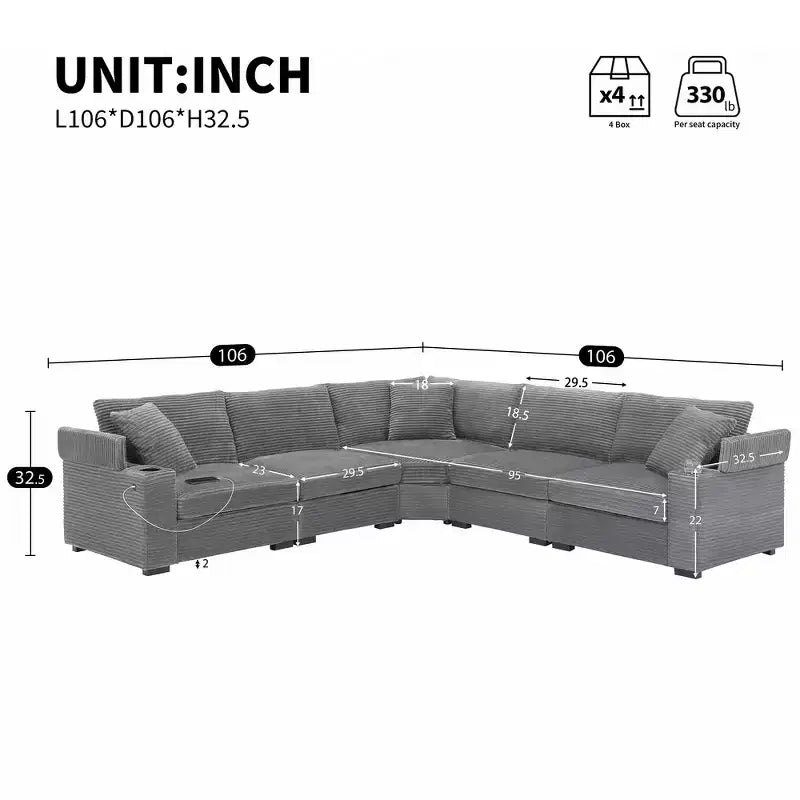 Divano sezionale a L convertibile Whisen Oversized, divano angolare in velluto a coste con bracciolo contenitore, portabicchieri, caricatore USB