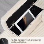 Divano sezionale a L convertibile Whisen Oversized, divano angolare in velluto a coste con bracciolo contenitore, portabicchieri, caricatore USB