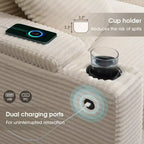 Divano sezionale a L convertibile Whisen Oversized, divano angolare in velluto a coste con bracciolo contenitore, portabicchieri, caricatore USB
