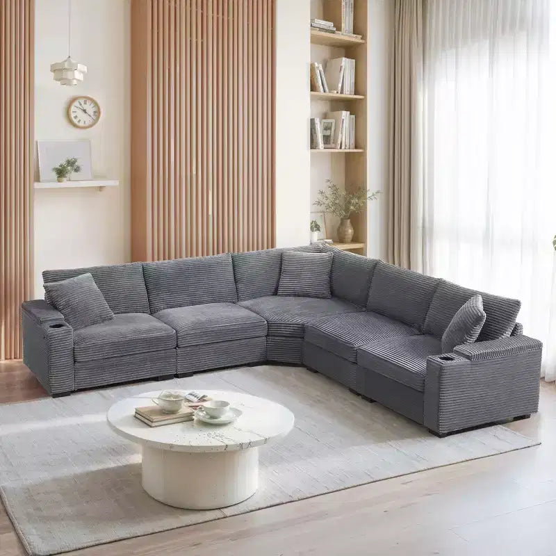 Divano sezionale a L convertibile Whisen Oversized, divano angolare in velluto a coste con bracciolo contenitore, portabicchieri, caricatore USB