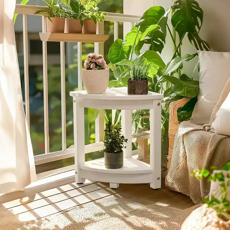 VINGLI Table d'appoint d'extérieur, banc de douche d'angle de patio peu encombrant en PEHD, tables d'extrémité de patio étanches à 2 niveaux pour balcon, jardin (blanc)