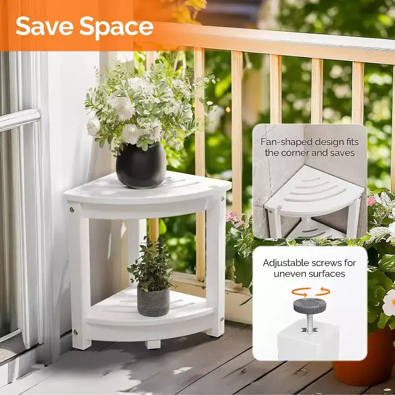 VINGLI Table d'appoint d'extérieur, banc de douche d'angle de patio peu encombrant en PEHD, tables d'extrémité de patio étanches à 2 niveaux pour balcon, jardin (blanc)
