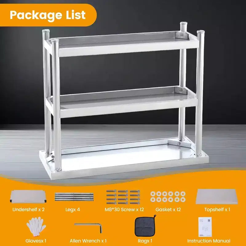 Table de travail en acier inoxydable, table de préparation alimentaire commerciale à 3 étagères, table utilitaire métallique résistante à la rouille pour cuisine, restaurant