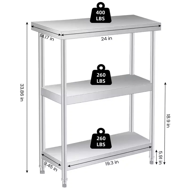 Table de travail en acier inoxydable, table de préparation alimentaire commerciale à 3 étagères, table utilitaire métallique résistante à la rouille pour cuisine, restaurant
