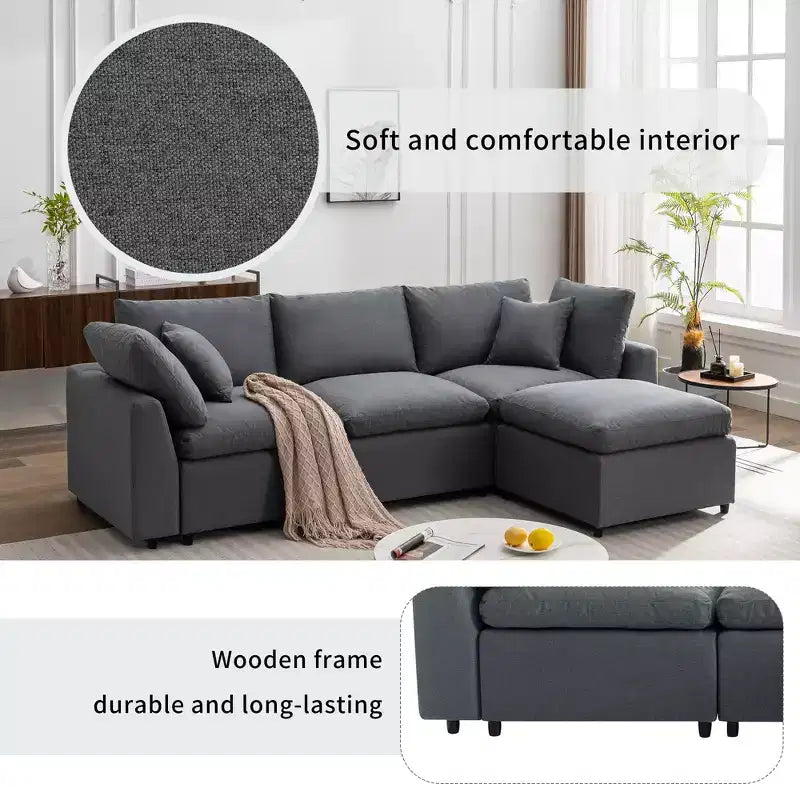 Divano Sezionale Convertibile Tappezzato in Piuma CLIHOME, Divano a L con Chaise Reversibile