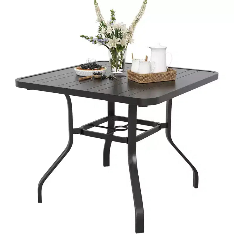 NAYSAYE Patio Accent Table Sets Square Outdoor Dining Table with Umbrella Hole for Patio, Balck, 35.43*35.43*28