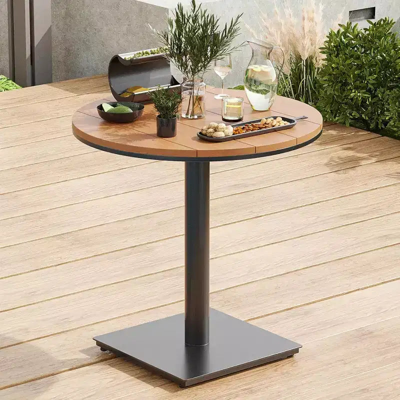 NAYSAYE Patio Accent Table Sets Outdoor Dining Table with Wood Look Surface for Patio, Brown, 27.8*27.8*29.1