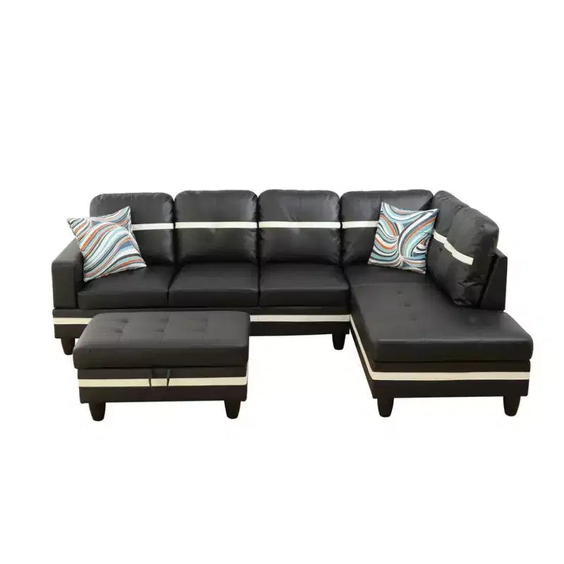 Divano componibile in similpelle semi-PU bianca e nera dal design moderno ed elegante - Design a L, imbottitura spessa, pouf abbinato
