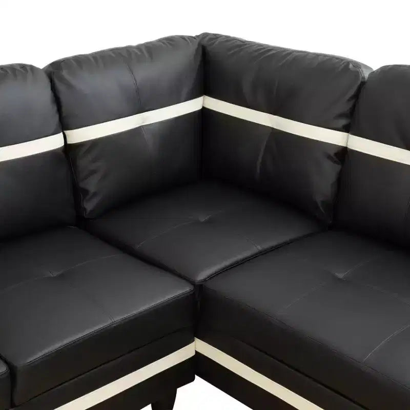 Divano componibile in similpelle semi-PU bianca e nera dal design moderno ed elegante - Design a L, imbottitura spessa, pouf abbinato