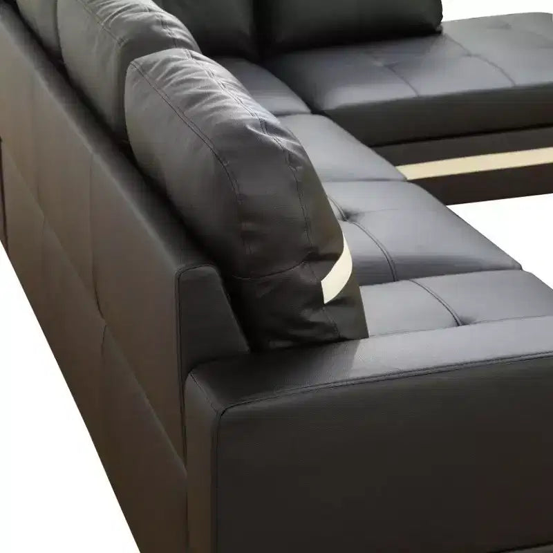 Divano componibile in similpelle semi-PU bianca e nera dal design moderno ed elegante - Design a L, imbottitura spessa, pouf abbinato