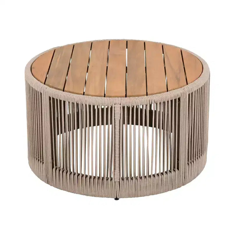 NAYSAYE Patio Accent Table Set Outdoor Rattan Rope Acacia Wood Coffee Table for Garden, Teak and Beige, 26*26*14.25