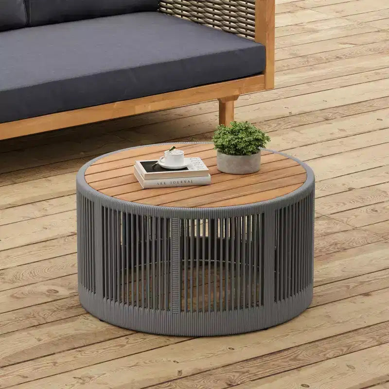 NAYSAYE Patio Accent Table Set Outdoor Rattan Rope Acacia Wood Coffee Table for Garden, Gray and Teak, 26*26*14.25