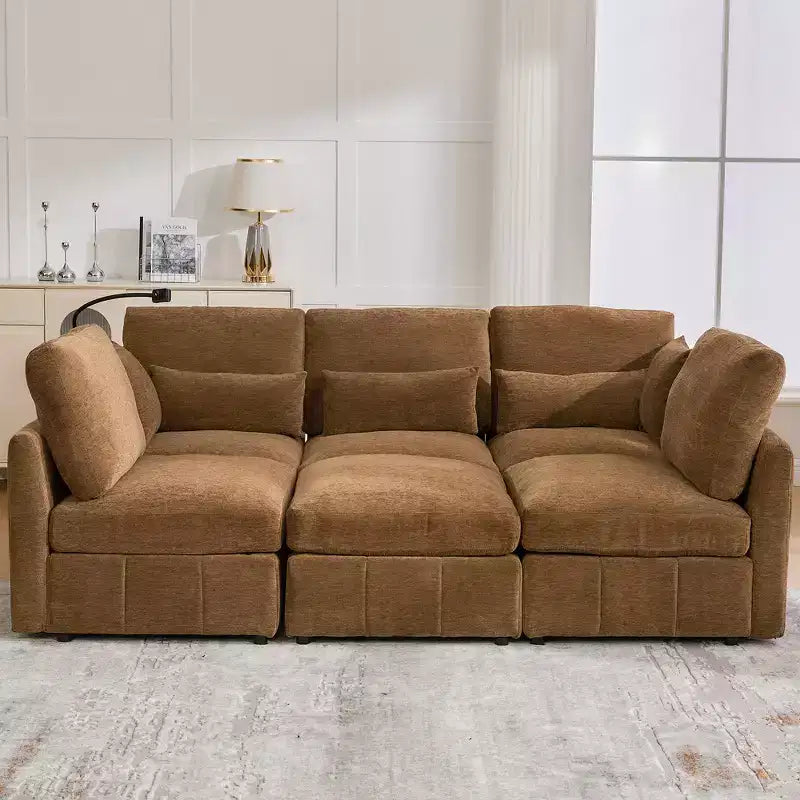 Canapé Whisen multifonctionnel en chenille avec pouf modulaire, ports USB et support de téléphone