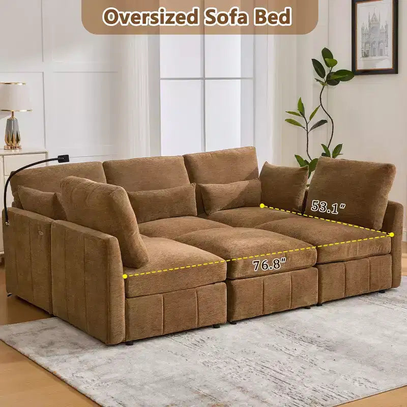 Canapé Whisen multifonctionnel en chenille avec pouf modulaire, ports USB et support de téléphone