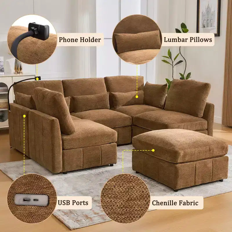 Canapé Whisen multifonctionnel en chenille avec pouf modulaire, ports USB et support de téléphone