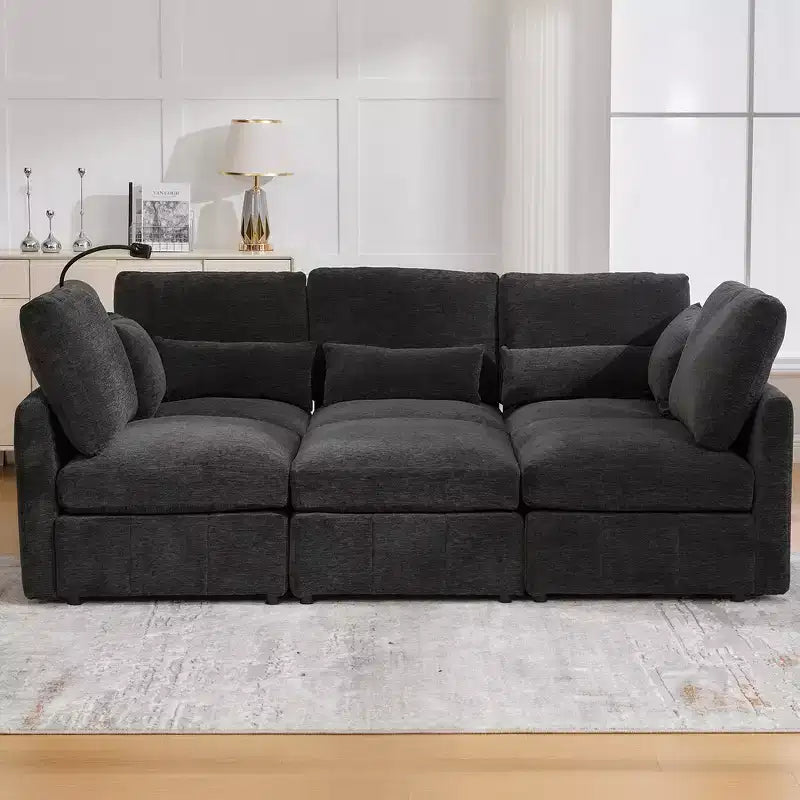 Canapé Whisen multifonctionnel en chenille avec pouf modulaire, ports USB et support de téléphone