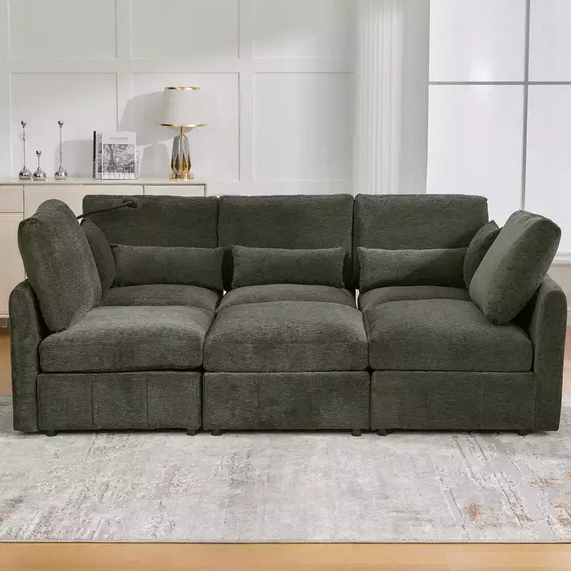 Canapé Whisen multifonctionnel en chenille avec pouf modulaire, ports USB et support de téléphone