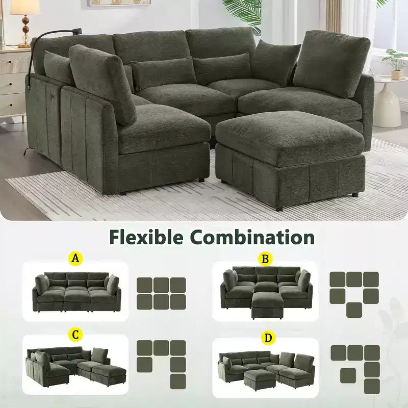 Canapé Whisen multifonctionnel en chenille avec pouf modulaire, ports USB et support de téléphone