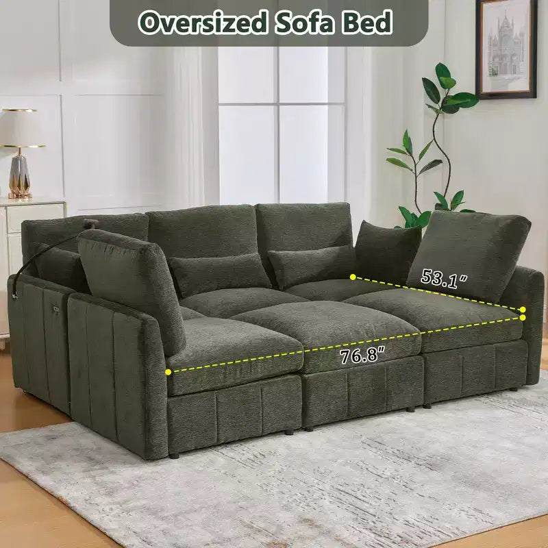 Canapé Whisen multifonctionnel en chenille avec pouf modulaire, ports USB et support de téléphone