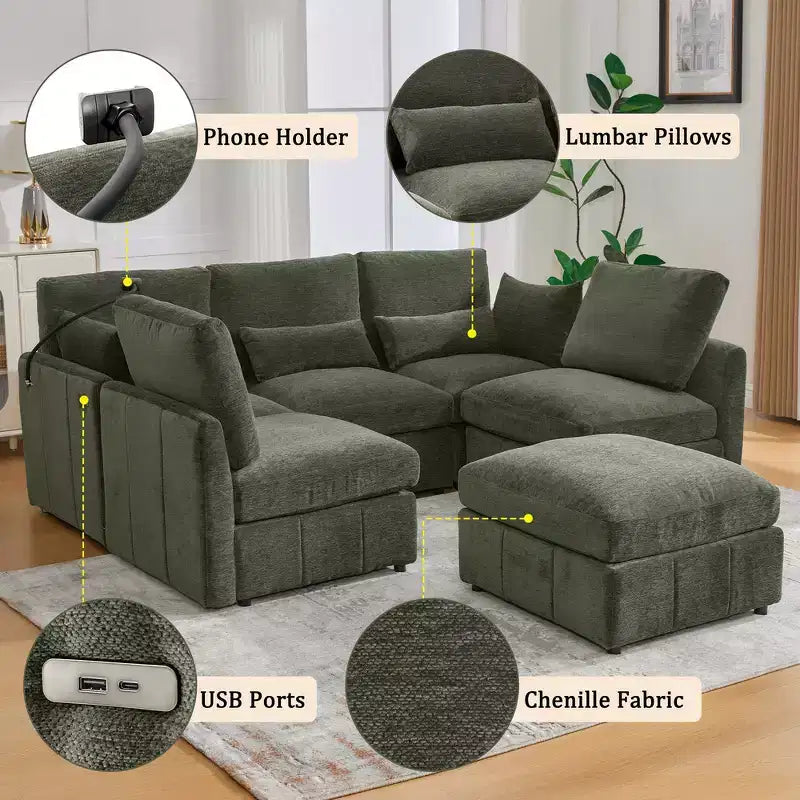 Canapé Whisen multifonctionnel en chenille avec pouf modulaire, ports USB et support de téléphone