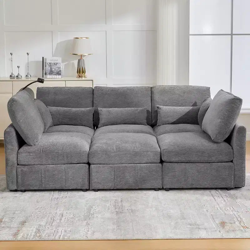 Canapé Whisen multifonctionnel en chenille avec pouf modulaire, ports USB et support de téléphone