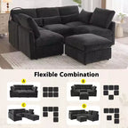 Canapé Whisen multifonctionnel en chenille avec pouf modulaire, ports USB et support de téléphone