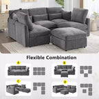Canapé Whisen multifonctionnel en chenille avec pouf modulaire, ports USB et support de téléphone