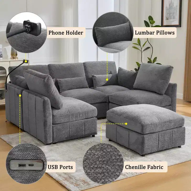 Canapé Whisen multifonctionnel en chenille avec pouf modulaire, ports USB et support de téléphone