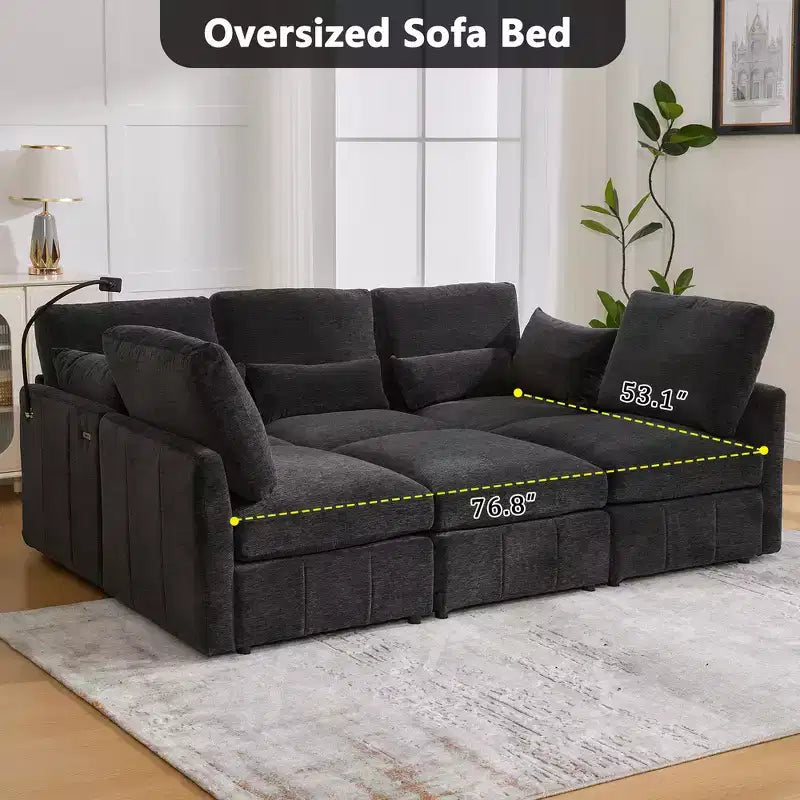 Canapé Whisen multifonctionnel en chenille avec pouf modulaire, ports USB et support de téléphone