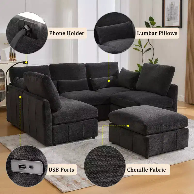 Canapé Whisen multifonctionnel en chenille avec pouf modulaire, ports USB et support de téléphone