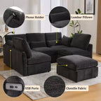 Canapé Whisen multifonctionnel en chenille avec pouf modulaire, ports USB et support de téléphone