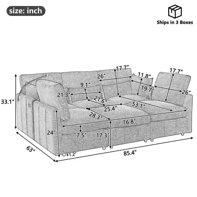 Canapé Whisen multifonctionnel en chenille avec pouf modulaire, ports USB et support de téléphone