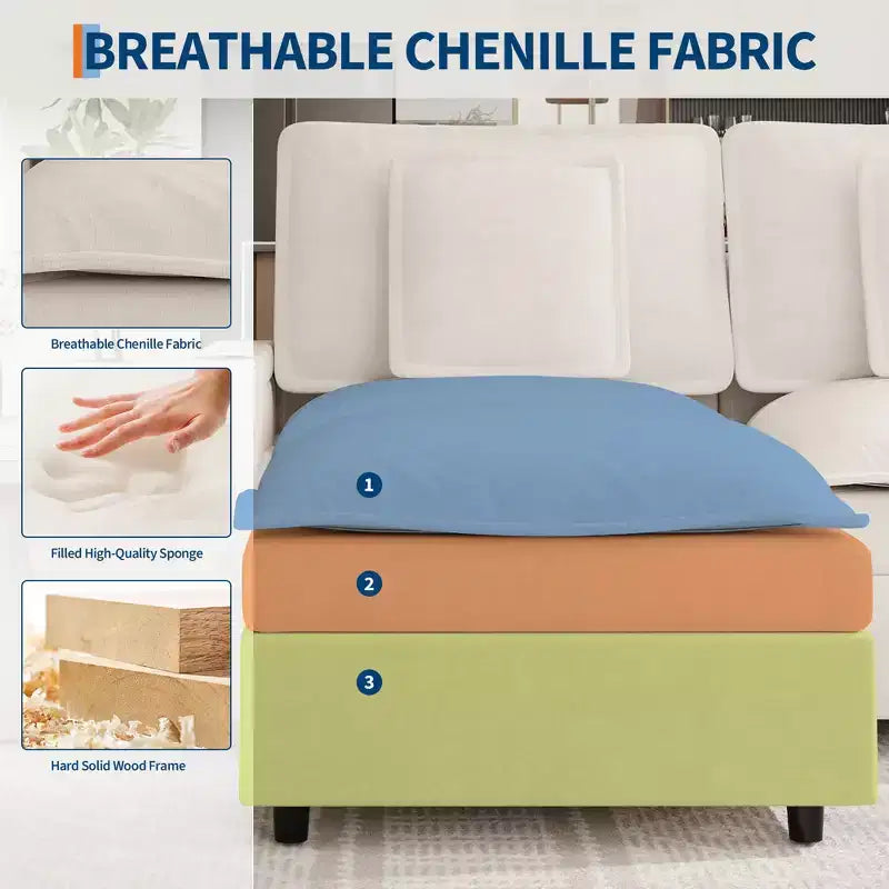 Canapé modulaire en chenille en forme de U de 274 cm, 3 places avec pouf mobile et porte-gobelet, sectionnel pour salon