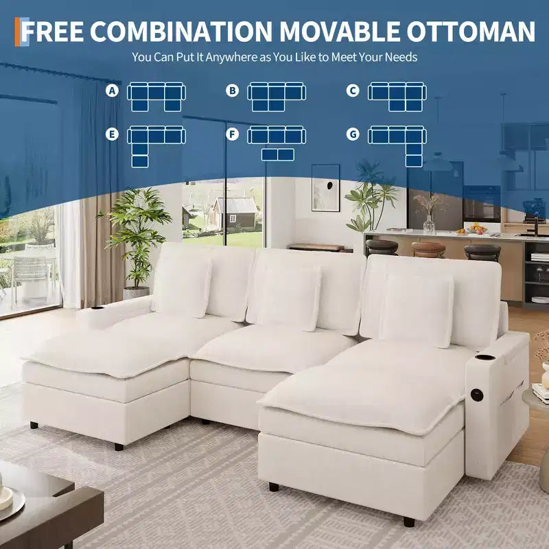 Canapé modulaire en chenille en forme de U de 274 cm, 3 places avec pouf mobile et porte-gobelet, sectionnel pour salon