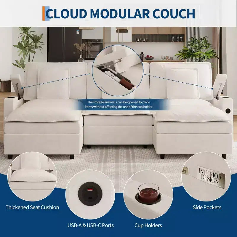Canapé modulaire en chenille en forme de U de 274 cm, 3 places avec pouf mobile et porte-gobelet, sectionnel pour salon