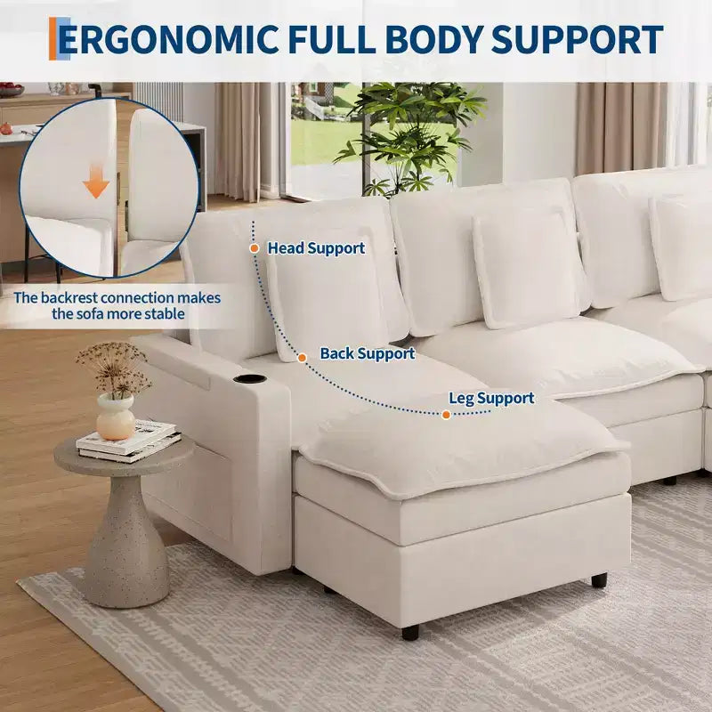 Canapé modulaire en chenille en forme de U de 274 cm, 3 places avec pouf mobile et porte-gobelet, sectionnel pour salon