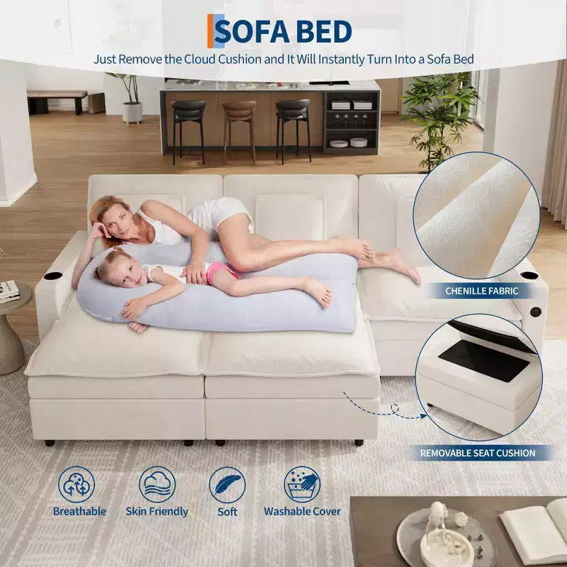 Canapé modulaire en chenille en forme de U de 274 cm, 3 places avec pouf mobile et porte-gobelet, sectionnel pour salon