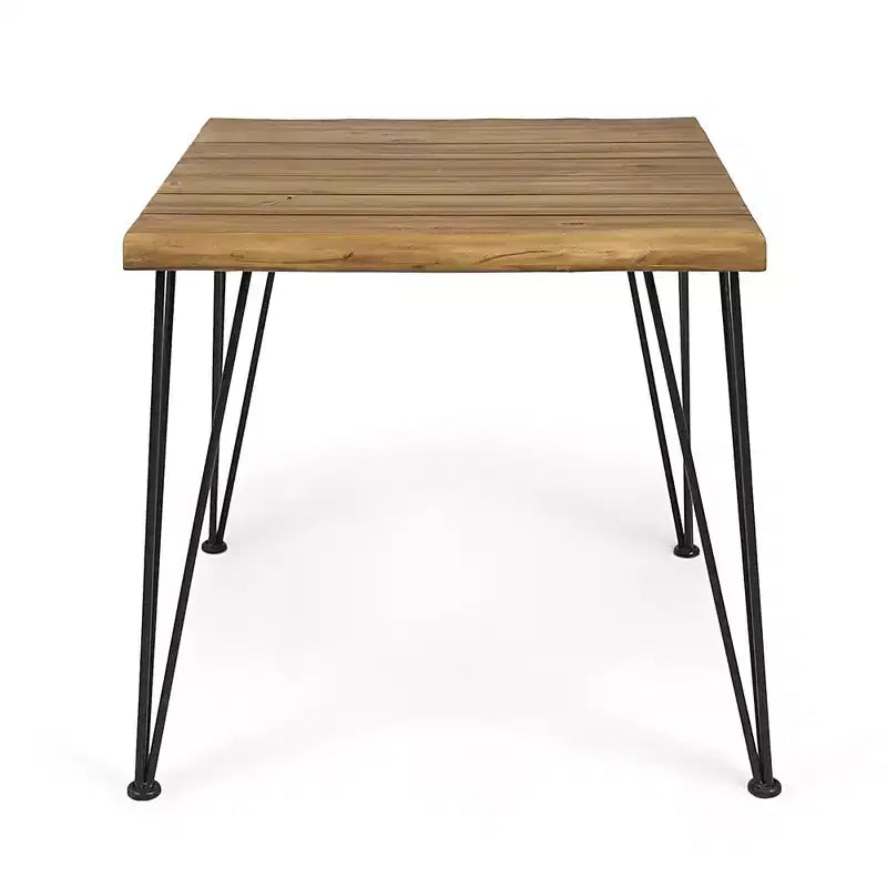 NAYSAYE Patio End Table Industrial Wood and Metal Dining Table with Slat Paneling for Outdoor Use, Beige, 32.5*32.5*29