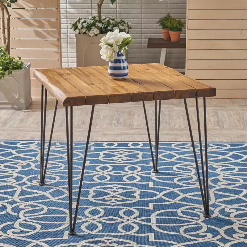 NAYSAYE Table d'appoint de patio industrielle en bois et métal avec lattes pour l'extérieur, beige, 32,5*32,5*29