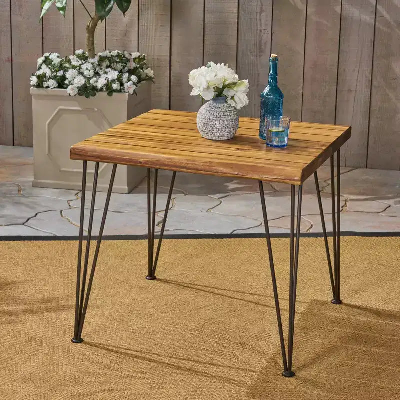 NAYSAYE Table d'appoint de patio industrielle en bois et métal avec lattes pour l'extérieur, beige, 32,5*32,5*29