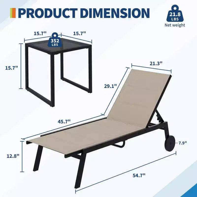 Set di 3 sedie a sdraio da patio con tavolino, sedie a sdraio regolabili con ruote, set di 3 sdraio da esterno per piscina