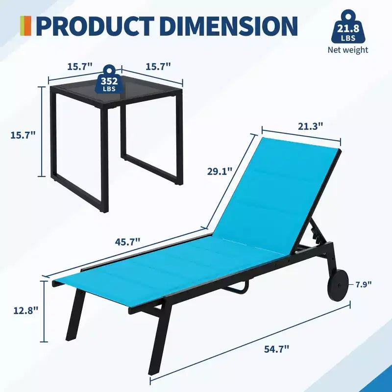 Set di 3 sedie a sdraio da patio con tavolino, sedie a sdraio regolabili con ruote, set di 3 sdraio da esterno per piscina