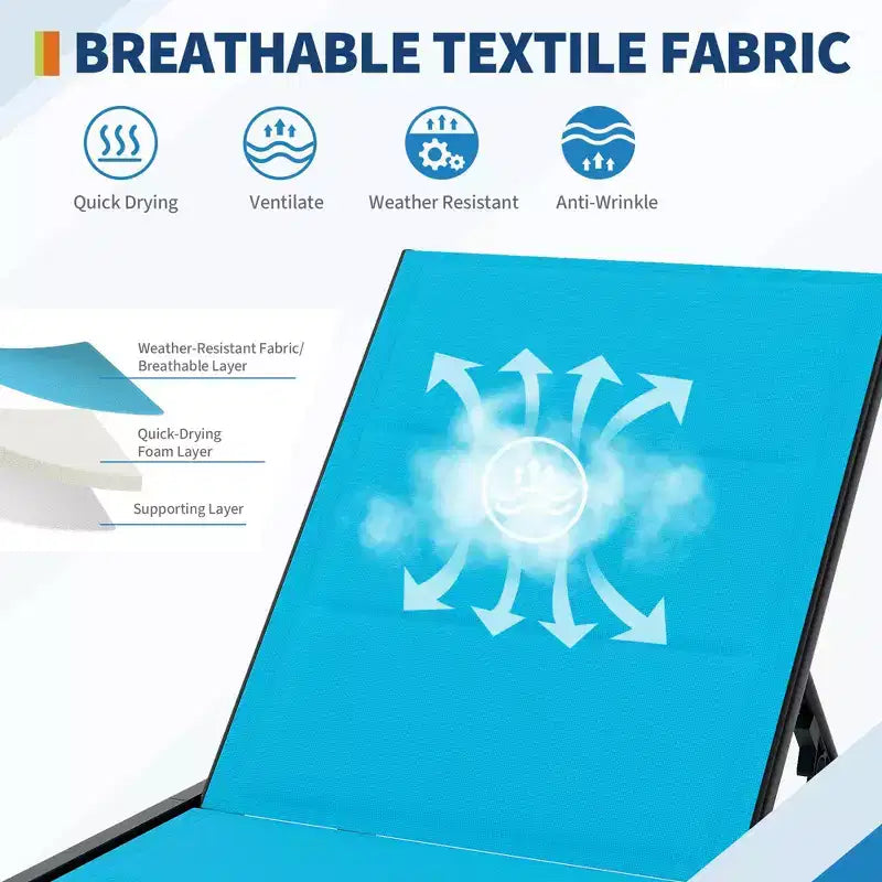 Set di 3 sedie a sdraio da patio con tavolino, sedie a sdraio regolabili con ruote, set di 3 sdraio da esterno per piscina
